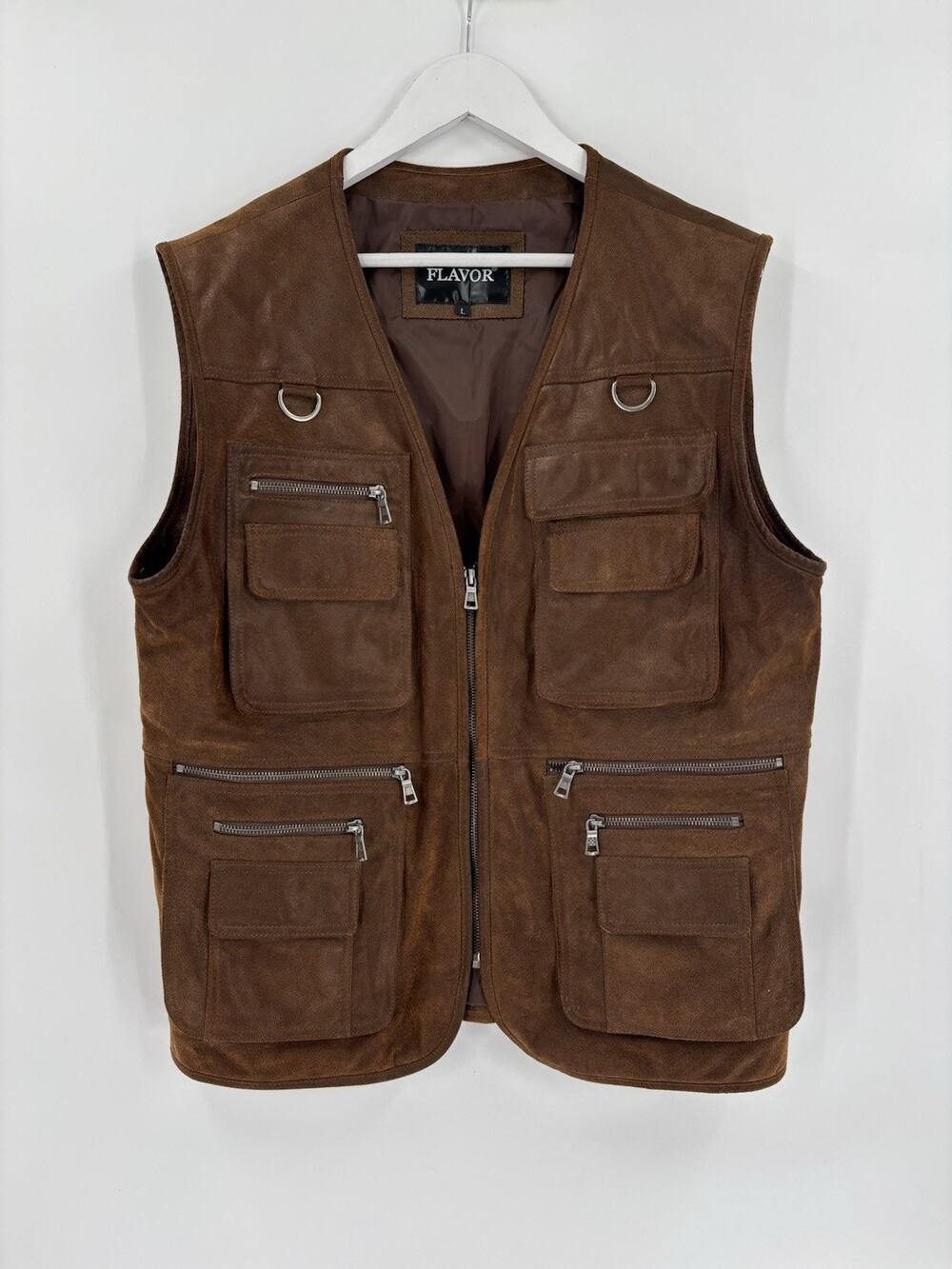 Flavor Leather Vest Mens Large Brown Full Zip Patch Pockets Western D Rings